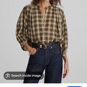 Madewell Olive Plaid V-Neck Blouse